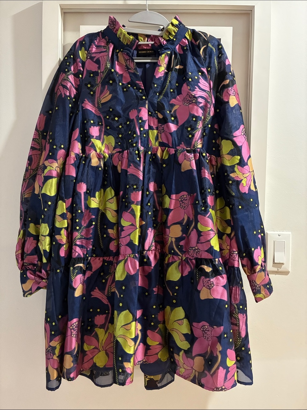 STINE GOYA Navy Floral Tiered Dress with Pink & Lime Accents